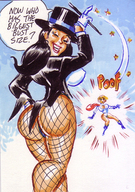 breasts drawing color butt anime fishnets shrunken_woman cape leotard power_girl joe_gravel magic_wand top_hat zatanna dc_comics