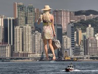 collage city blonde beach boats handbag sun_hat sun_dress behind_view