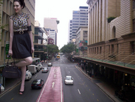 giantess collage city black_hair skirt high_heels traffic smiling streets bag