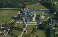 giantess collage city barefoot helicopter jeans brunette walking foot_print sunglasses people sunny bag trees artdent denim_jacket