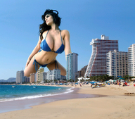 giantess collage city mega black_hair swimsuit beach cleavage ocean huge_breasts navel coast denise_milani holiday_resort hotels