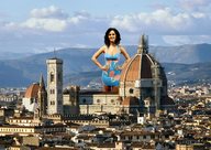 giantess collage city black_hair clouds sky katy_perry cathedral short_dress hands_on_hips