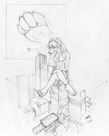 breasts drawing giantess feet furry city mega monochrome destruction buildings sitting canine legs_crossed sitting_on_building blep
