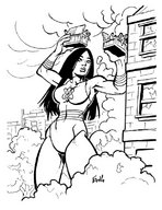 drawing gentle giantess monochrome black_hair anime superhero gloves costume leotard ew rescue bare_legs