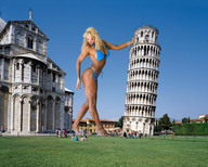 giantess collage blonde swimsuit cleavage high_heels shrunken_people looking_down athletic sky leaning_tower_of_pisa