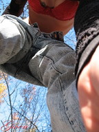 bra jeans low_angle reaching pants found clouds grabbing outdoors sky tattoo point_of_view trees bare_midriff privategwen