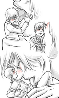 drawing gentle giantess blushing monochrome anime lineart shrunken_man mouth_play intimate tongue_play kite source_needed