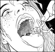 drawing karbo vore monochrome tongue saliva anime bondage shrunken_men throat entrapment freckles