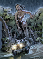breasts drawing giantess nude mega color wet anime legs jungle rain tribal dark_skin african dreadlocks necklace native giantessfan running_away
