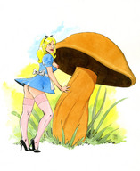 drawing blonde color high_heels anime stockings dress mushroom shrunken_woman alice_in_wonderland hair_bow