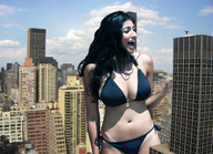 giantess collage city black_hair large_breasts swimsuit cleavage navel sunny