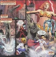 breasts drawing giantess city mega blonde comic color robot destruction clothed bra skirt giganta gloves red_hair face fighting cape belt leotard dialogue power_girl leopard_print dc_comics clay loincloth bare_legs bare_midriff psycho_pirate mister_atom girder clayface