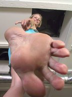 feet blonde soles smiling looking_down point_of_view pointing