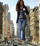 giantess collage feet city barefoot traffic jeans brunette walking looking_down people streets dirty_soles jacket