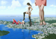 giantess collage city mega blonde ocean brunette multiple_sizes sitting legs bending_over giantesses coast flip_flops knee_high_boots holiday_resort