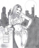 breasts drawing nipples giantess city mega monochrome large_breasts long_hair cleavage bra buildings anime pose posing giganta thighs pencil_drawing top hands_on_hips leopard_print dc_comics loincloth leaning_agains_building