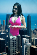 giantess collage city mega black_hair large_breasts swimsuit cleavage ocean sunglasses sunny between_buildings