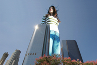 giantess collage city jeans brunette low_angle sunny stripey_top