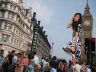 giantess collage city mega black_hair barefoot dress london people leaning_against_building clock_tower house_of_parliament leaning_against big_ben