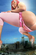 collage city mega butt high_heels low_angle red_hair squatting dark_skin sky