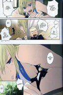 drawing giantess blonde comic color blue_eyes clothed indoors scale_model mebae dialogue nonscale looking_at_tiny