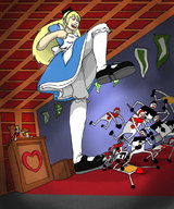 drawing growth giantess crush blonde color blue_eyes anime shoes dress queen alice_in_wonderland disney hair_bow queen_of_hearts alice court