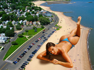collage beach brunette lying_down looking_up parking_lot bikini_bottom suburbia