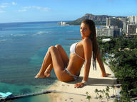 giantess collage long_hair swimsuit beach sitting mountains looking_at_viewer bystanders coastline