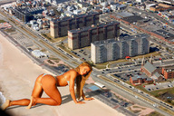 collage city blonde swimsuit beach crawling looking_at_viewer