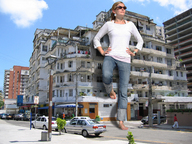 collage city blonde barefoot cars jeans amazon sunglasses people sunny hands_on_hips white_top