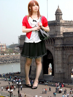 giantess collage skirt asian red_hair standing handbag bystanders looking_at_tiny