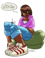 drawing color anime jeans brunette shrunken_men sitting shrunken_man dark_skin top trainers