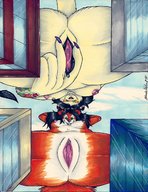 breasts giantess nude pussy furry giga tail city comic black_hair color arokha looking_down giantesses fox_girl point_of_view blondevelvet pointed_ears