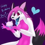 breasts drawing gentle giantess furry tail color large_breasts tongue handheld smiling pink_hair gift eyeofcalamity dialogue cupcake pink_fur imminent_vore no_background looking_at_tiny multicolored_hair unusual_pupils drigi