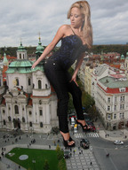giantess collage city blonde clothed high_heels jeans people vehicles leaning_against_building