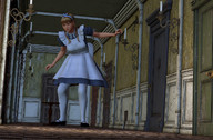 breasts giantess blonde socks dress amazon indoors wonderland alice_in_wonderland hair_bow hallway digital_render
