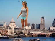 collage city mega water helicopter brunette legs london short_shorts boats looking_up sky curly_hair hat grey_top