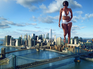breasts giantess collage city mega black_hair large_breasts bridge cleavage bra water shorts sunglasses dark_skin new_york_city brooklyn_bridge bridges
