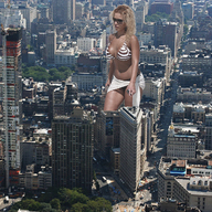 giantess collage city blonde large_breasts swimsuit sunglasses curly_hair sunny