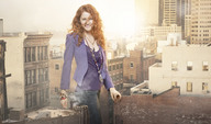 giantess collage city long_hair clothed jeans smiling red_hair jacket necklace