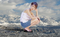 collage city mega high_heels brunette asian sandals clouds sjw mountin_range jean_skirt