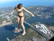 collage mega swimsuit bridge handheld barefoot water wet high_angle sunglasses sunny ships wet_hair