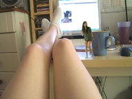 collage socks legs shrunken_woman desk cup looking_at_viewer computer