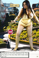 giantess collage black_hair barefoot cleavage huge_breasts story street daphne_rosen lombard_street
