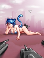 drawing giantess butt swimsuit blue_eyes anime blue_hair military tank expired_popsicle cat_girl