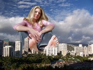 collage city blonde barefoot sitting clouds sky toe_ring looking_at_viewer