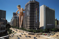breasts gentle giantess collage nude feet city blonde traffic legs bus skyscraper vehicles leaning_against_building ktantan hands_on_hips hair_bun