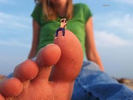 collage micro feet blonde shrunken_men sitting sand magmag looking_at_viewer
