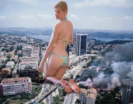 giantess collage feet city blonde swimsuit destruction cars fire
