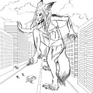breasts drawing giantess furry tail mega monochrome destruction ripped_clothing nashika